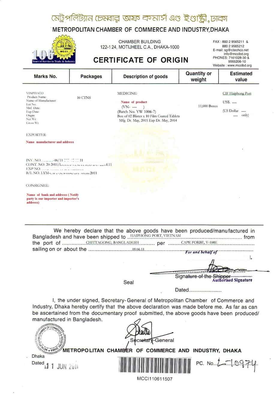 Copy Of Certificate Of Origin