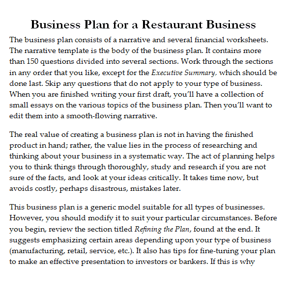 business plan for new restaurant