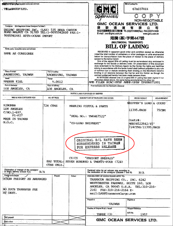 Bill Of Lading Number Example