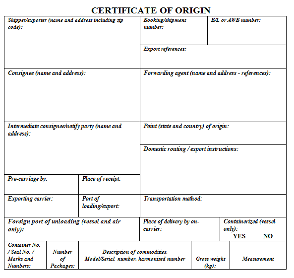 Certificate of Origin Template 3941