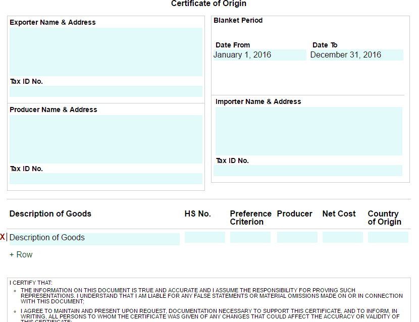 Certificate of Origin Template 5941