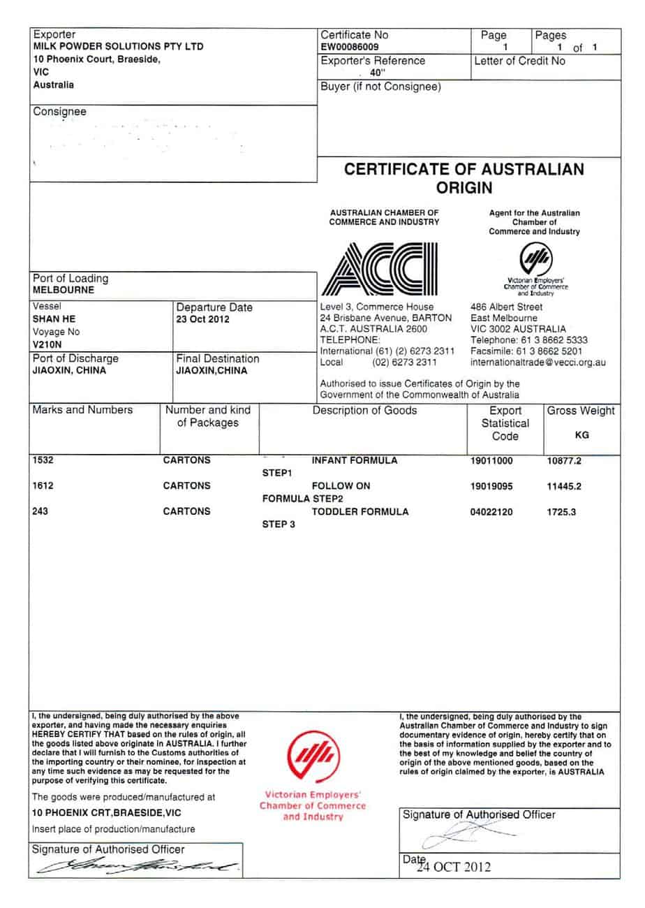 Certificate of Origin example 13.941