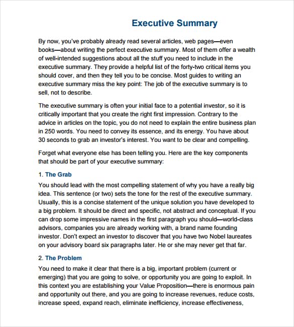 executive summary business plan esempio