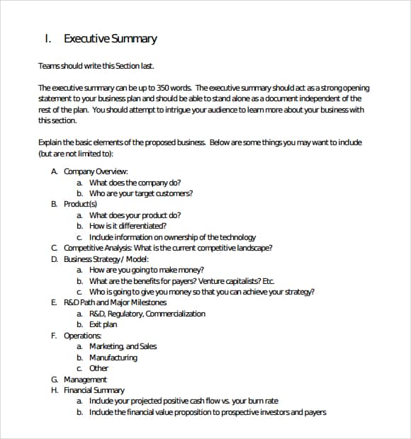 what to write in executive summary of business plan