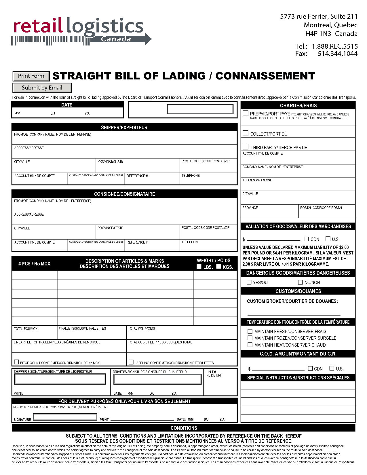 Bill Of Lading Excel Template