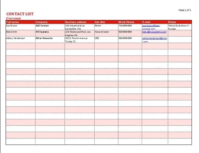 Staff Contact List Template