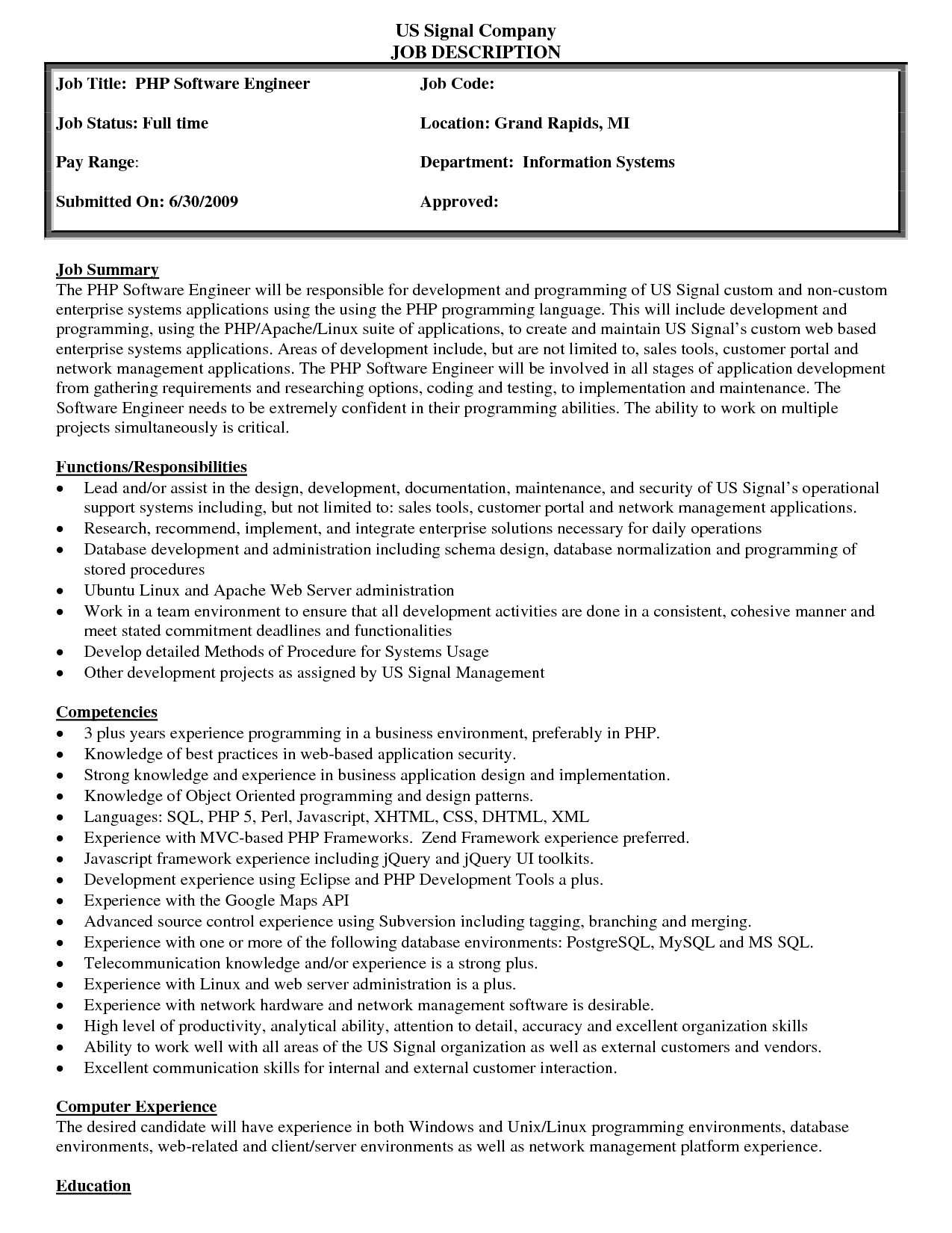 job description example resume