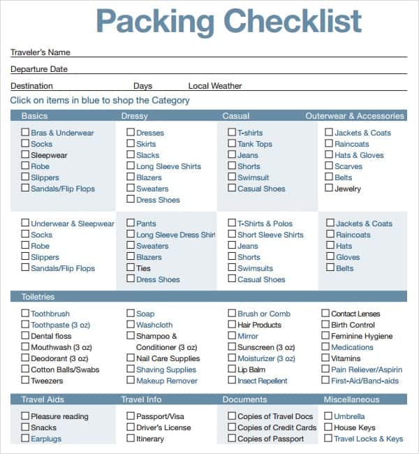Blank Packing List Template