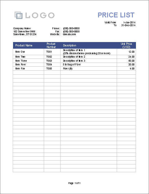 price list sample 164