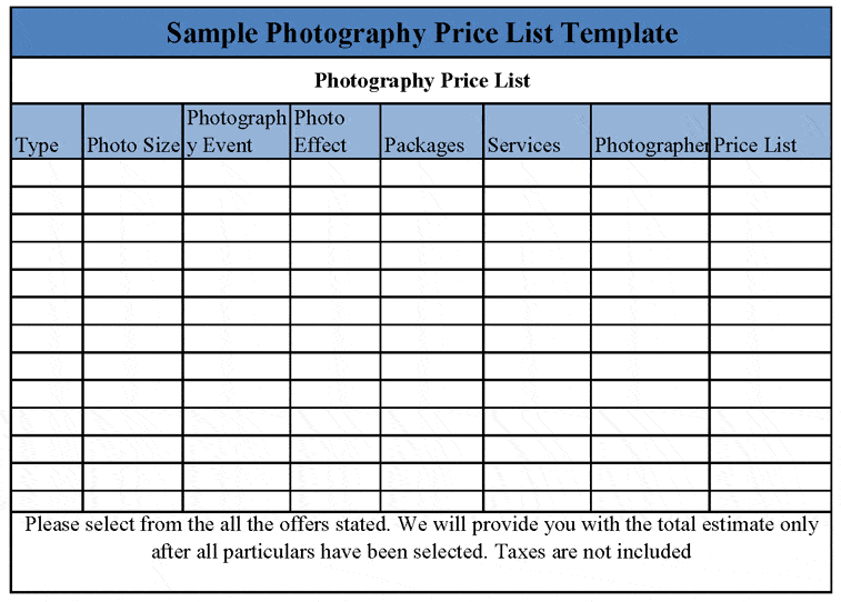 price list sample 3941