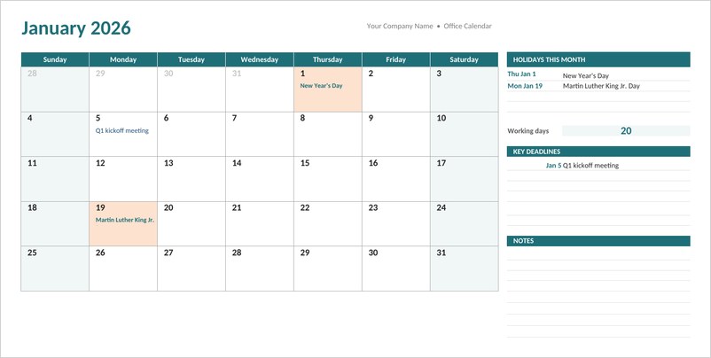 2026 office monthly planner template in Excel with teal calendar grid, holidays and deadlines panel