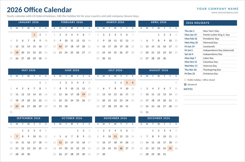 2026 yearly office calendar template in Word with 12 blue mini months and a holiday list