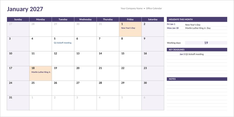 2027 office monthly planner template in Excel with purple calendar grid, holidays and notes