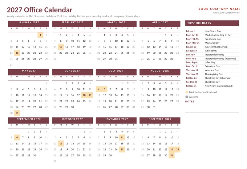 2027 yearly office calendar template in Word with 12 burgundy mini months and a holiday list