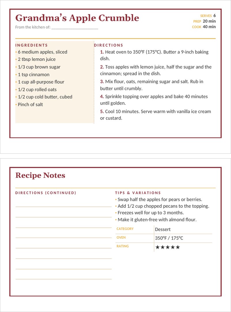 4x6 recipe card template in Word with ingredients list and numbered directions for apple crumble