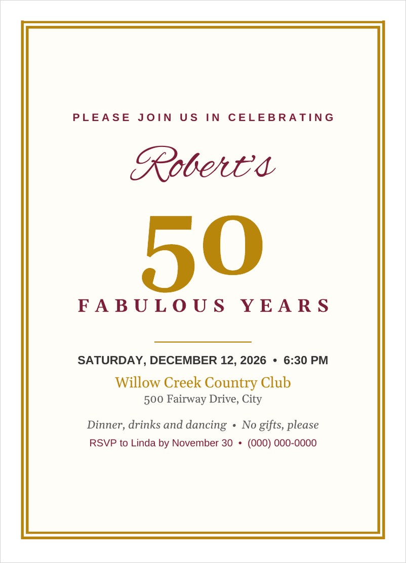 50th birthday invitation template in Word with large gold 50 and burgundy script name