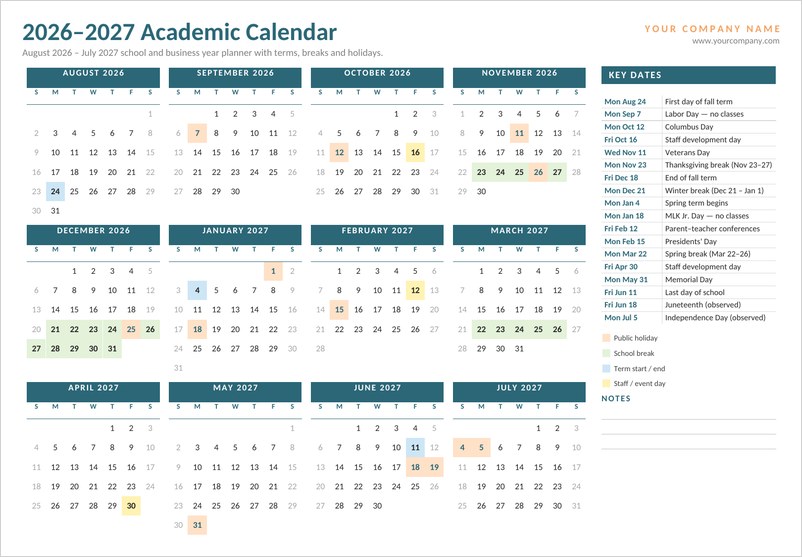 2026-2027 academic calendar template in Word with color-coded school breaks and key dates