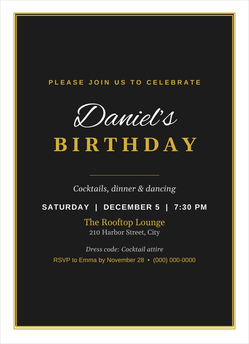 Adult birthday party invitation template in Word with black background and gold script lettering