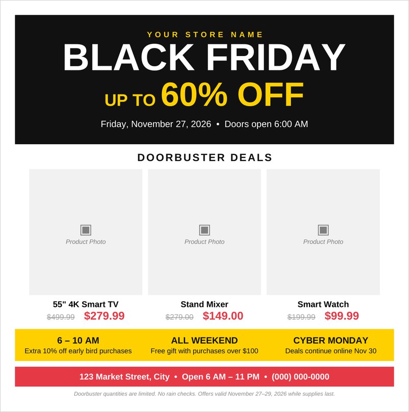 Black Friday sale flyer template in Word with black header, yellow discount and product deals
