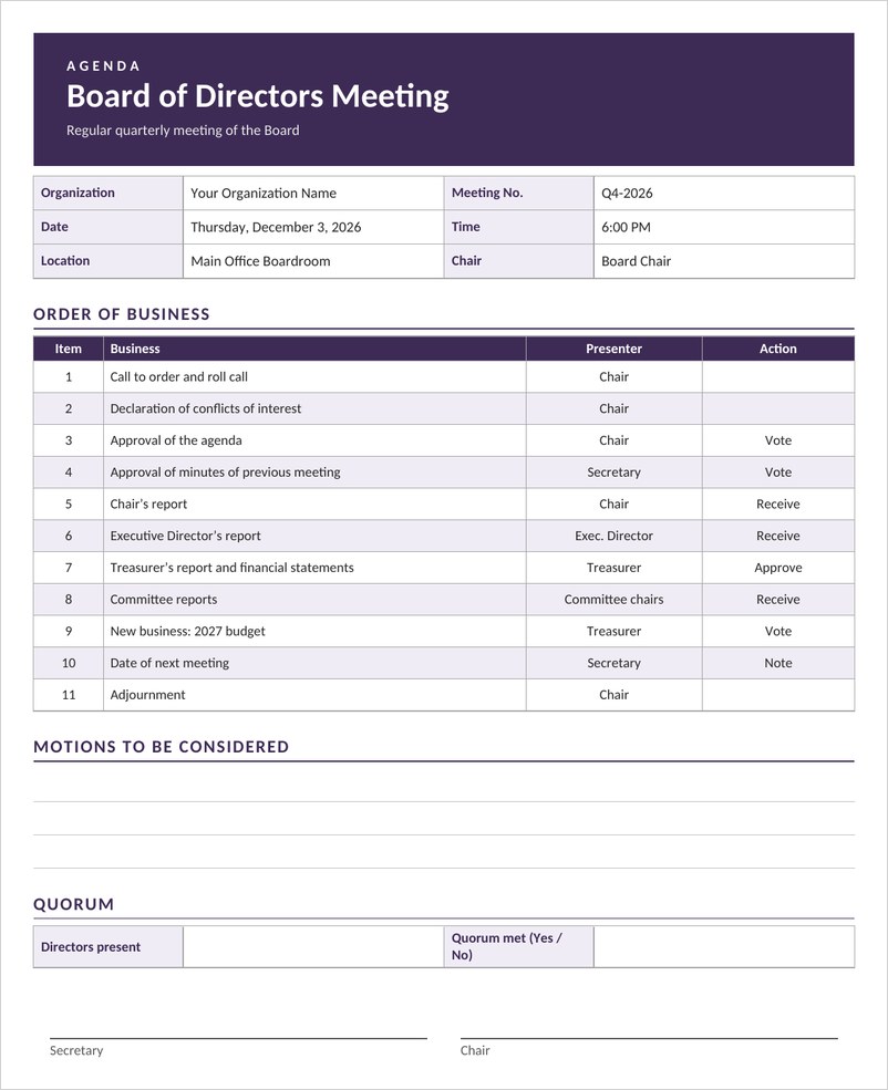 Board meeting agenda template in Word with purple header and numbered order of business