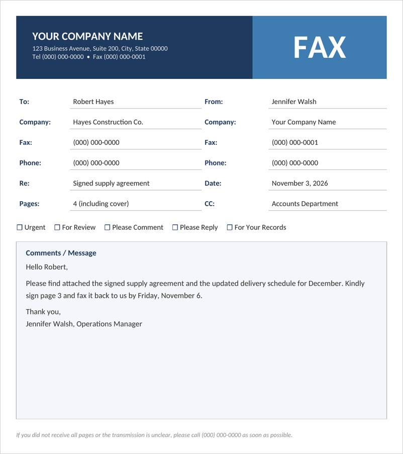 Business fax cover sheet template in Word with navy and blue FAX header
