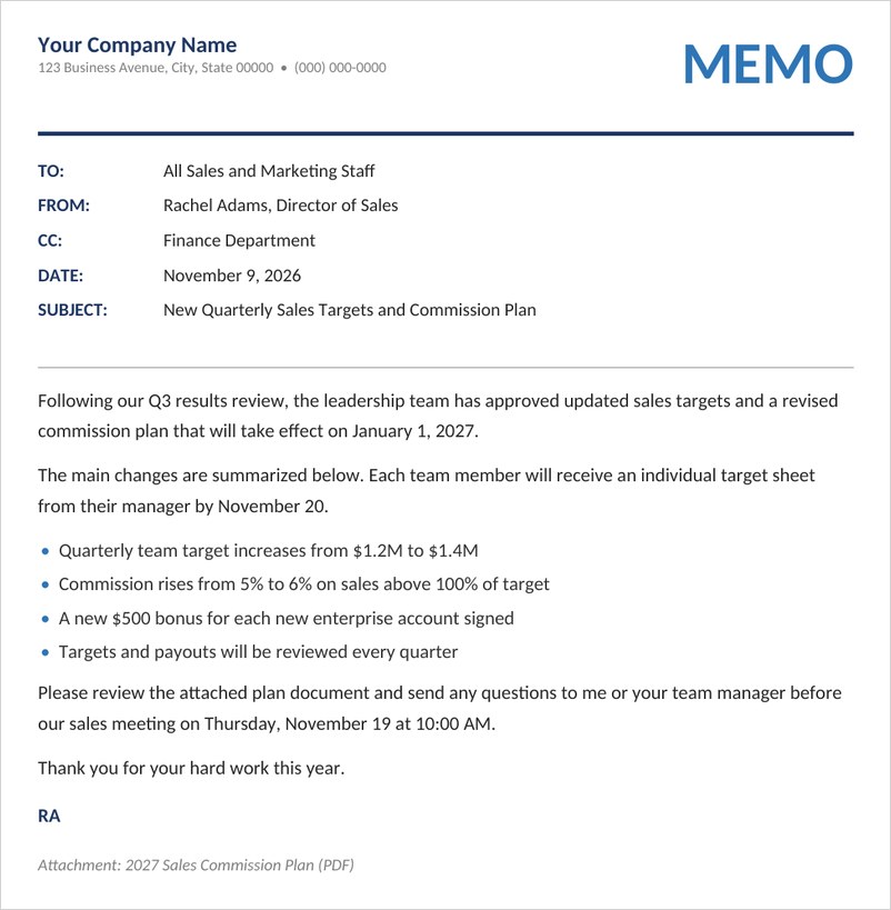 Business memo template in Word with navy letterhead and blue MEMO heading