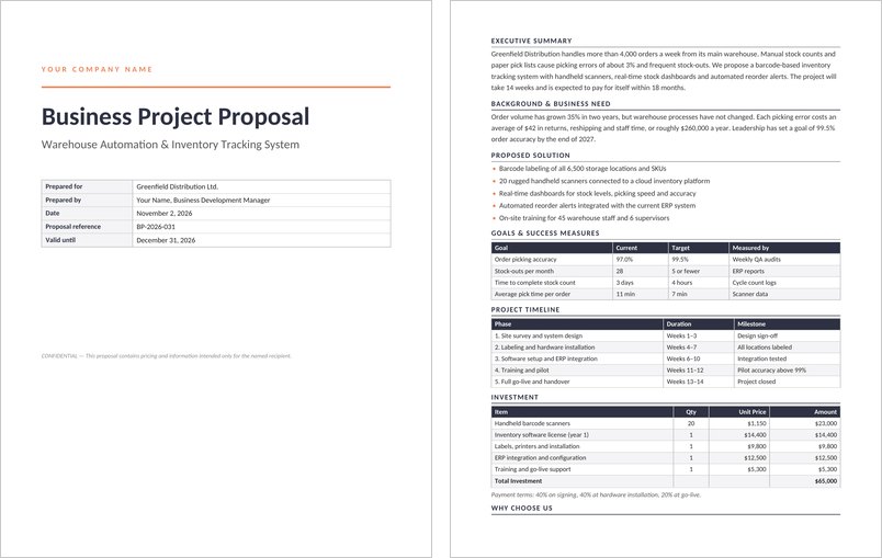 Business project proposal template in Word with cover page and orange accent headings