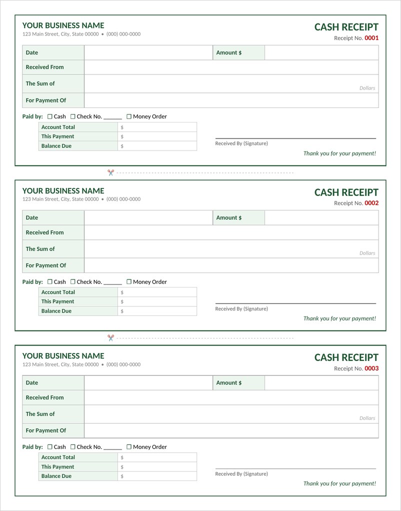 Cash receipt template in Word with three green numbered receipts per page and cut lines