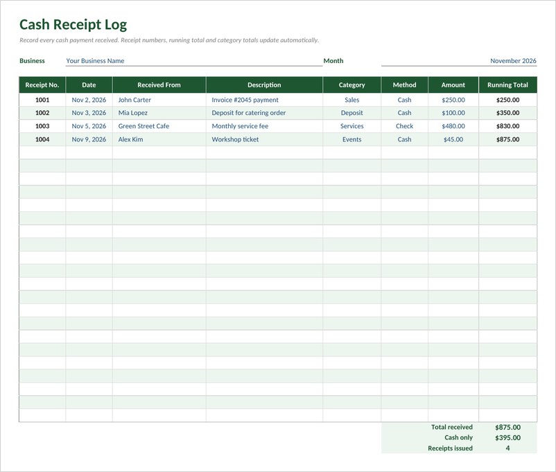 Cash receipt log template in Excel with green header, receipt numbers and running total column