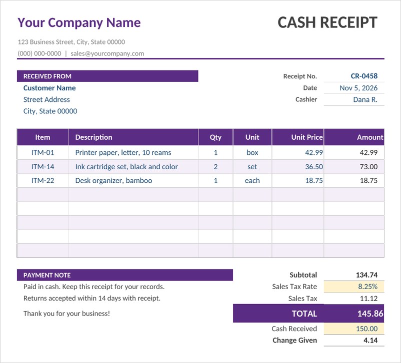 Cash receipt template in Excel with purple header, item lines, sales tax and change due