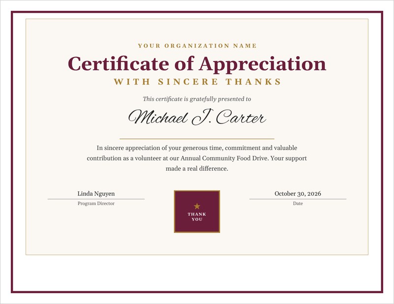 Certificate of appreciation template in Word with burgundy and gold border and thank you seal