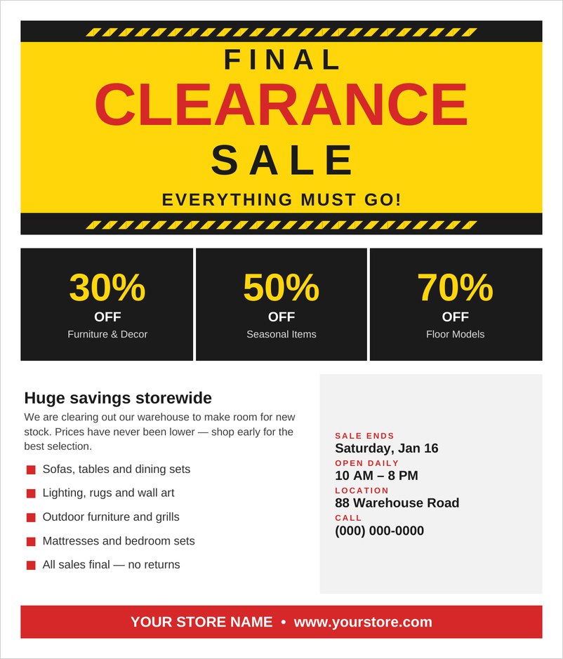 Clearance sale flyer template in Word with yellow and black design and red discount text