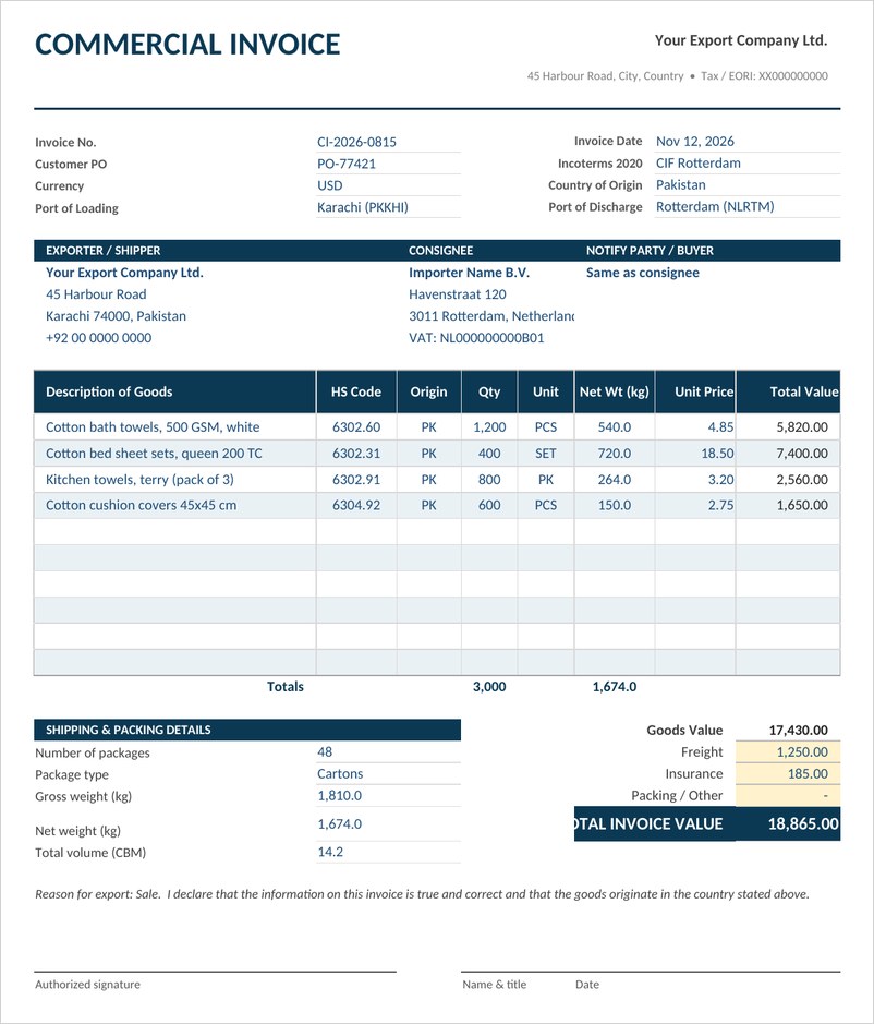 Commercial invoice template in Excel with HS code column, weights and total invoice value