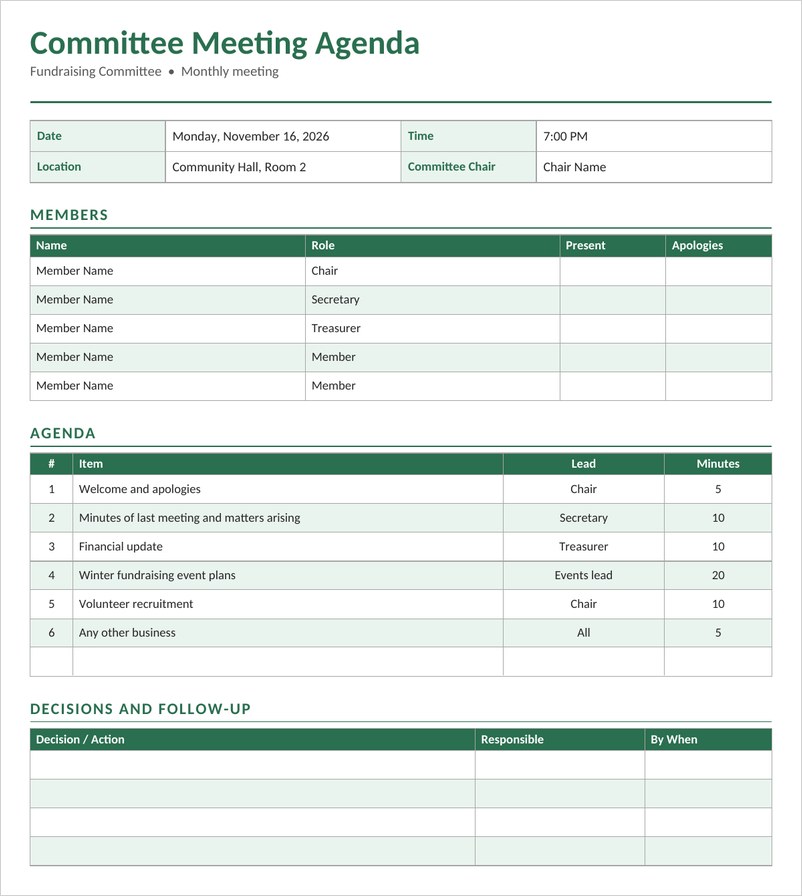 Committee meeting agenda template in Word with green tables for members, agenda items and decisions