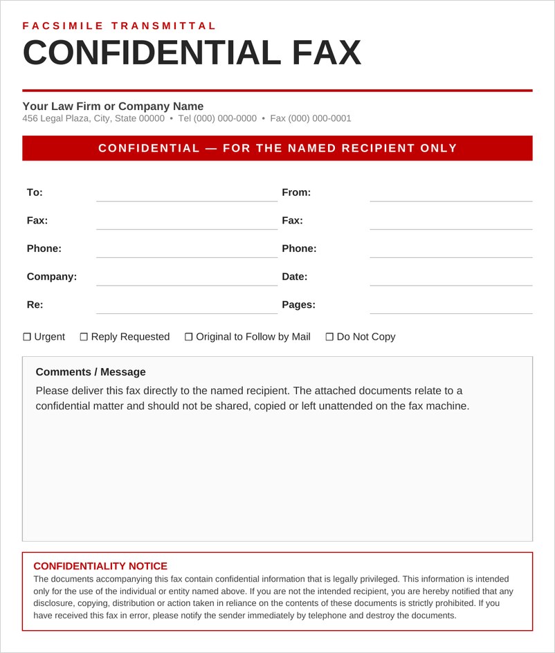 Confidential fax cover sheet template in Word with red confidential banner and notice