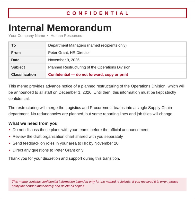 Confidential memo template in Word with red confidential banner and header table