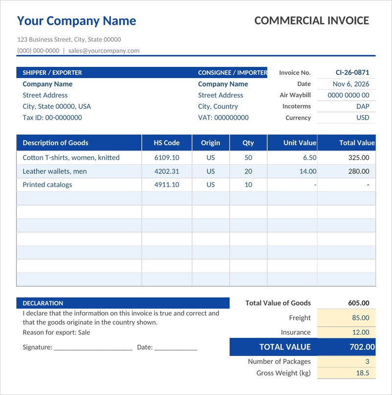 Courier commercial invoice template in Excel with blue header, HS codes and declaration