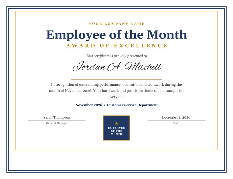 Employee of the Month award certificate template in Word with navy and gold border and award seal