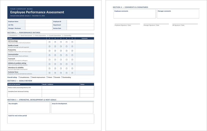 Employee performance assessment template in Word with navy header and rating checkbox table
