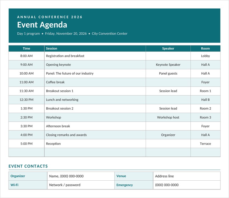Event agenda template in Word with teal header and timed conference sessions by room