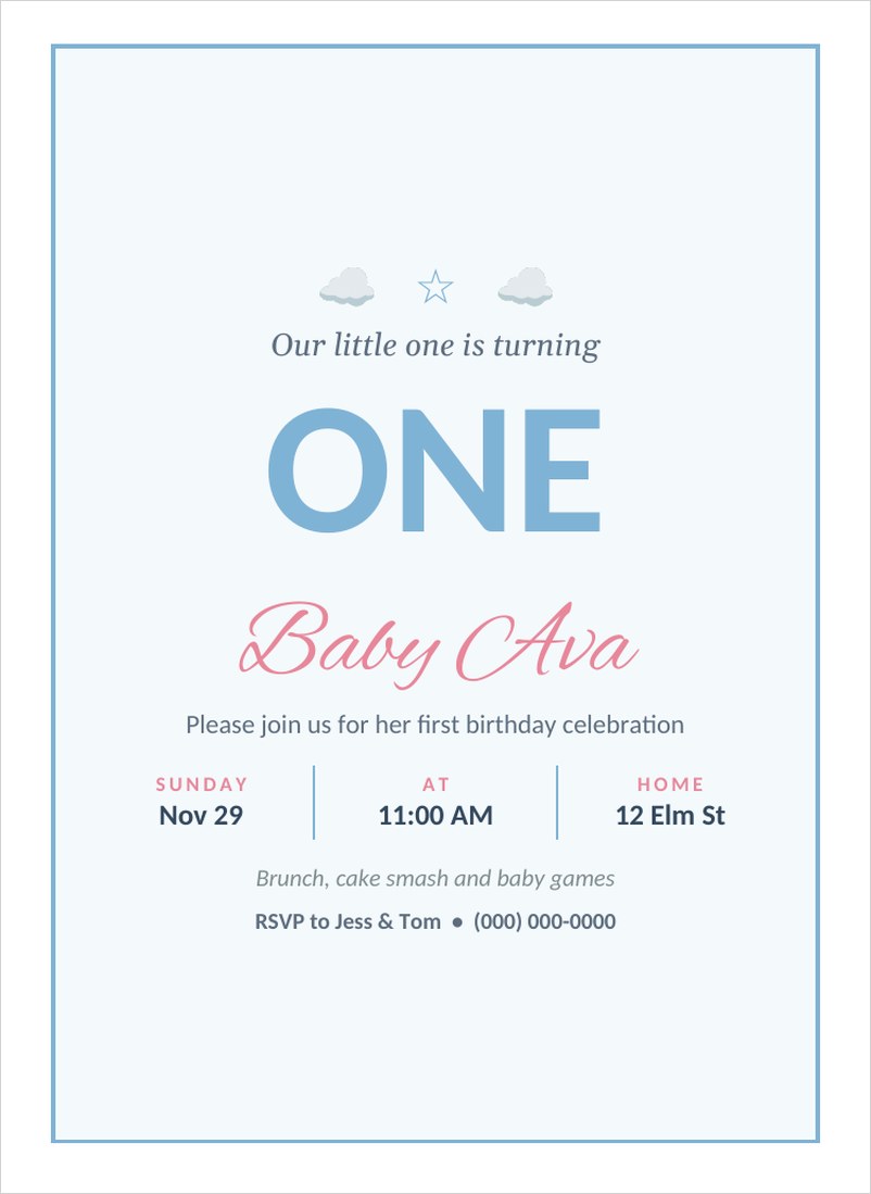 First birthday invitation template in Word with pastel blue and pink design and big ONE