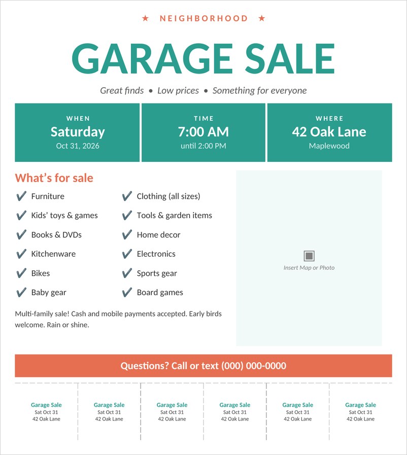 Garage sale flyer template in Word with teal date boxes, item list and tear-off tabs