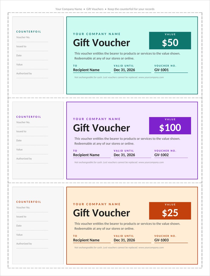 Printable gift voucher template in Word with three vouchers per page and counterfoil stubs
