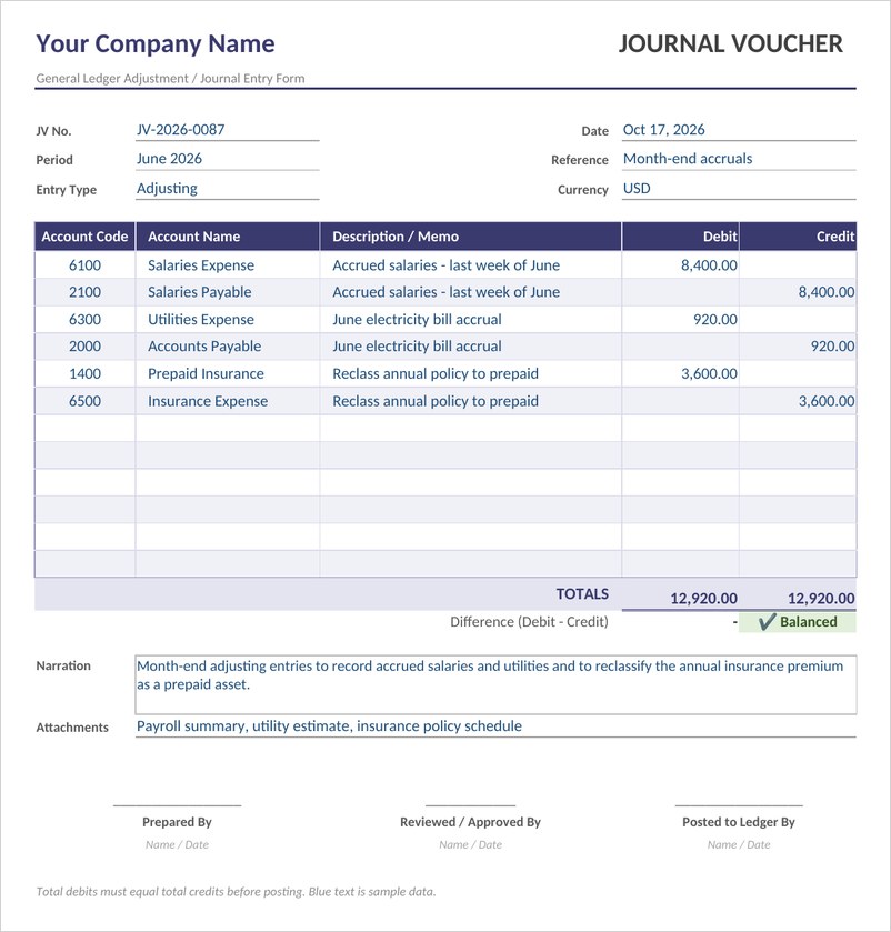 Journal voucher template in Excel with account codes, debit and credit columns and balance check