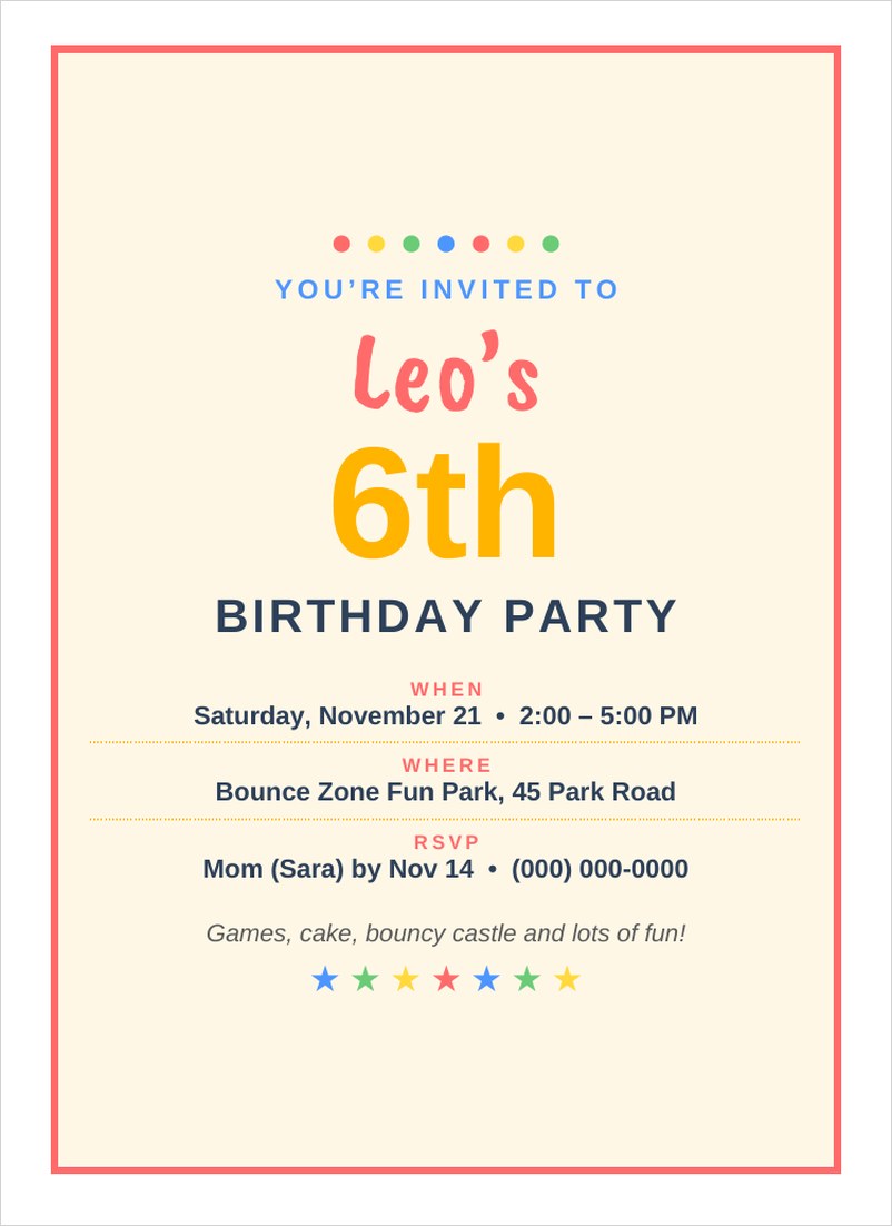 Kids birthday invitation template in Word with colorful confetti, big 6th and party details