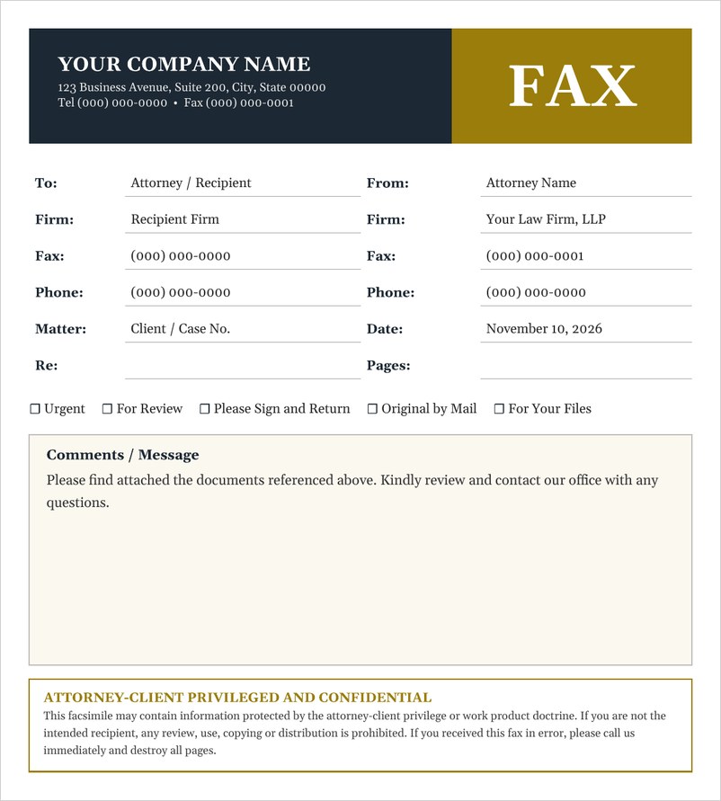 Law office fax cover sheet template in Word with dark header and confidentiality notice