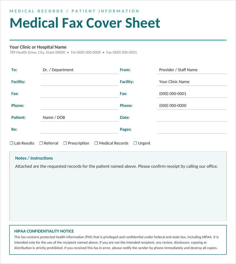 Medical fax cover sheet template in Word with teal design and HIPAA confidentiality notice