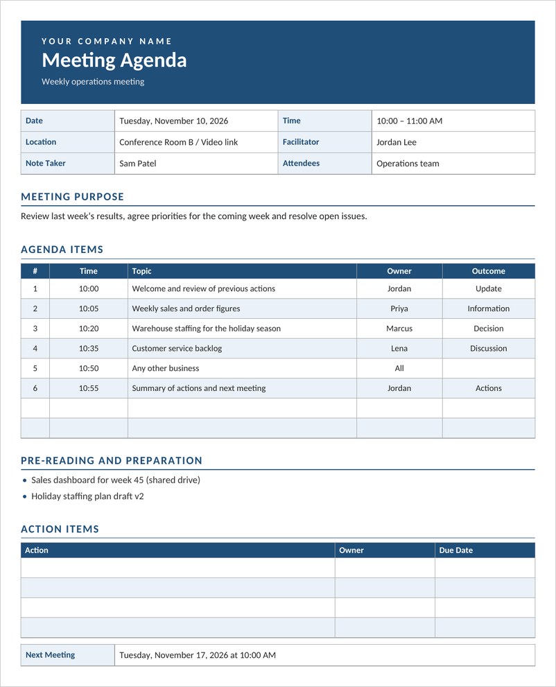 Meeting agenda template in Word with navy header, meeting details and timed agenda items table