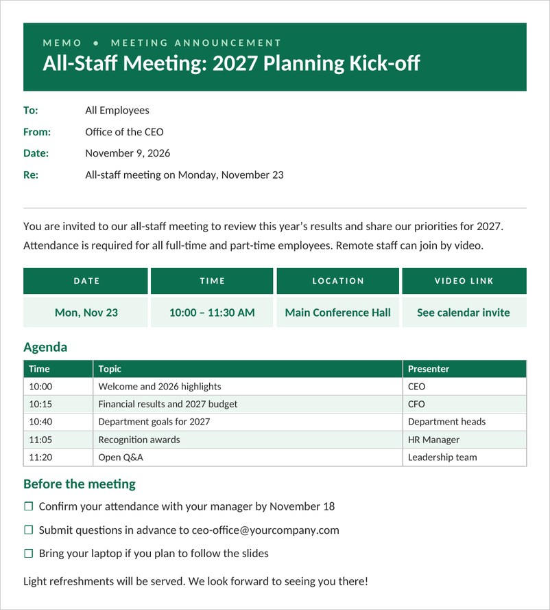 Meeting announcement memo template in Word with green header, agenda table and checklist