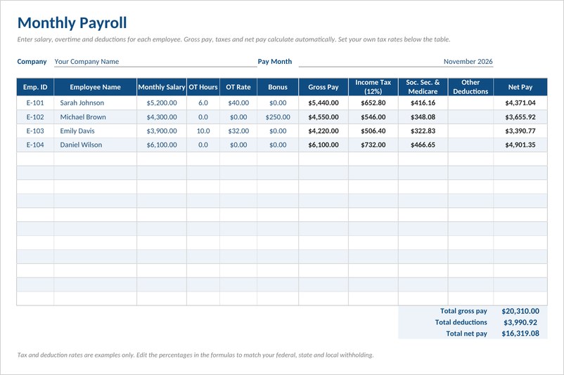 Monthly payroll template in Excel with blue header, salary, deductions and net pay columns